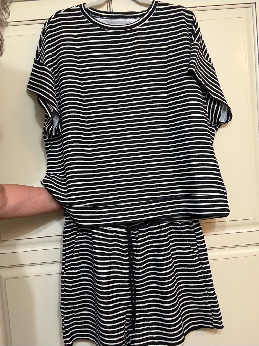 Black and White Striped Short Set - Short Sleeve Top & Shorts